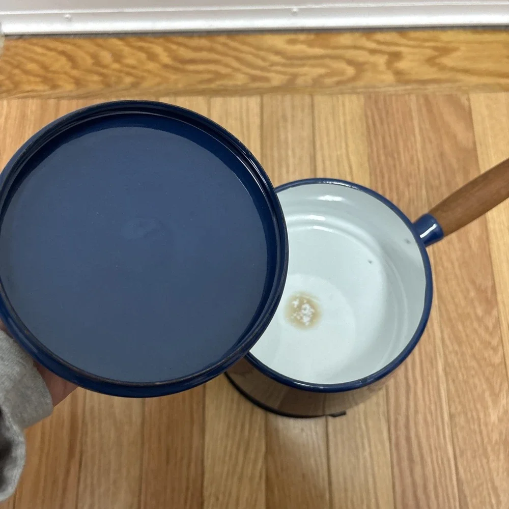 MCM Copco Michael LAX Design Holland Blue Enamel Fondue Pot Wood‎ Handle Vintage